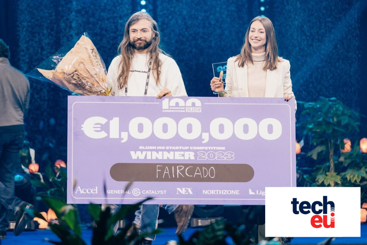 Faircado founders at Slush stage receiving award for winning startup competition