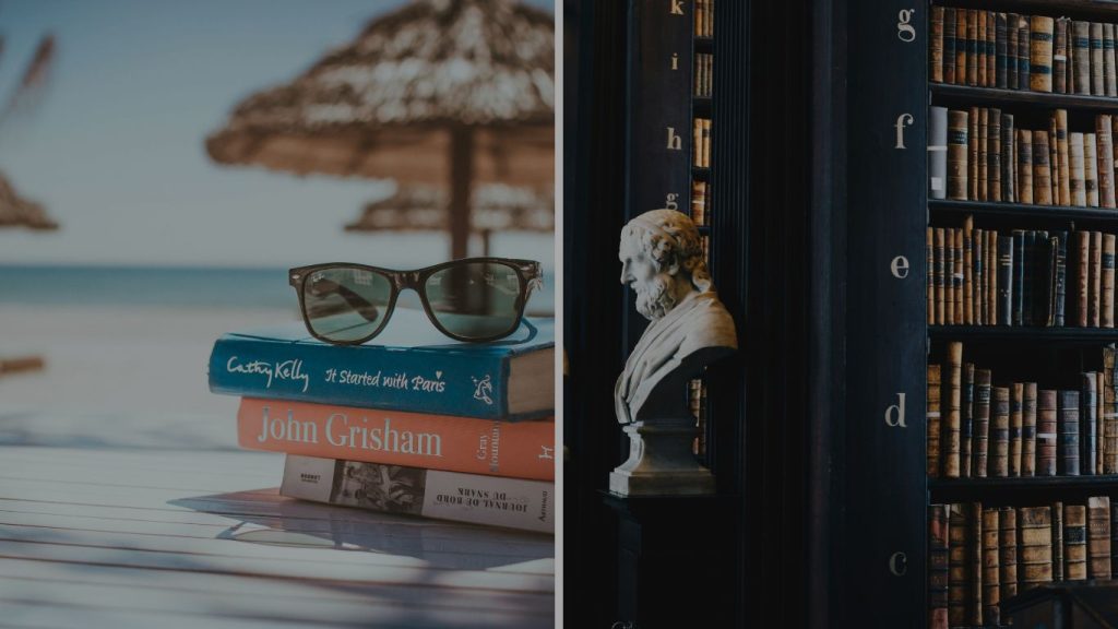 Oldschool English library vs. books on the beach