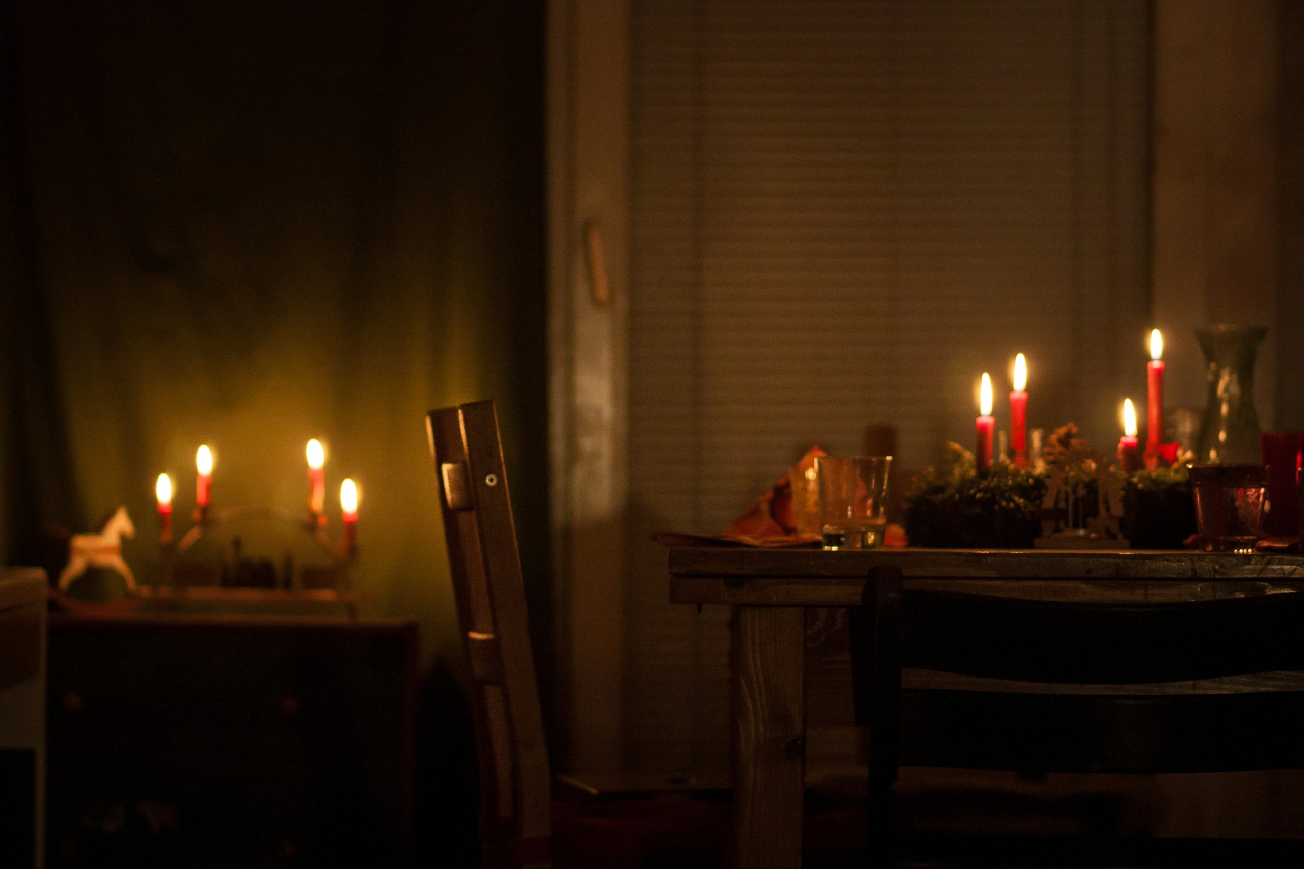 Cozy living room with candles and dim lighting